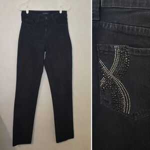 NYJD Black Denim Jeans Womens Size 4 Lift Tuck‎ Rhinestone Pockets USA